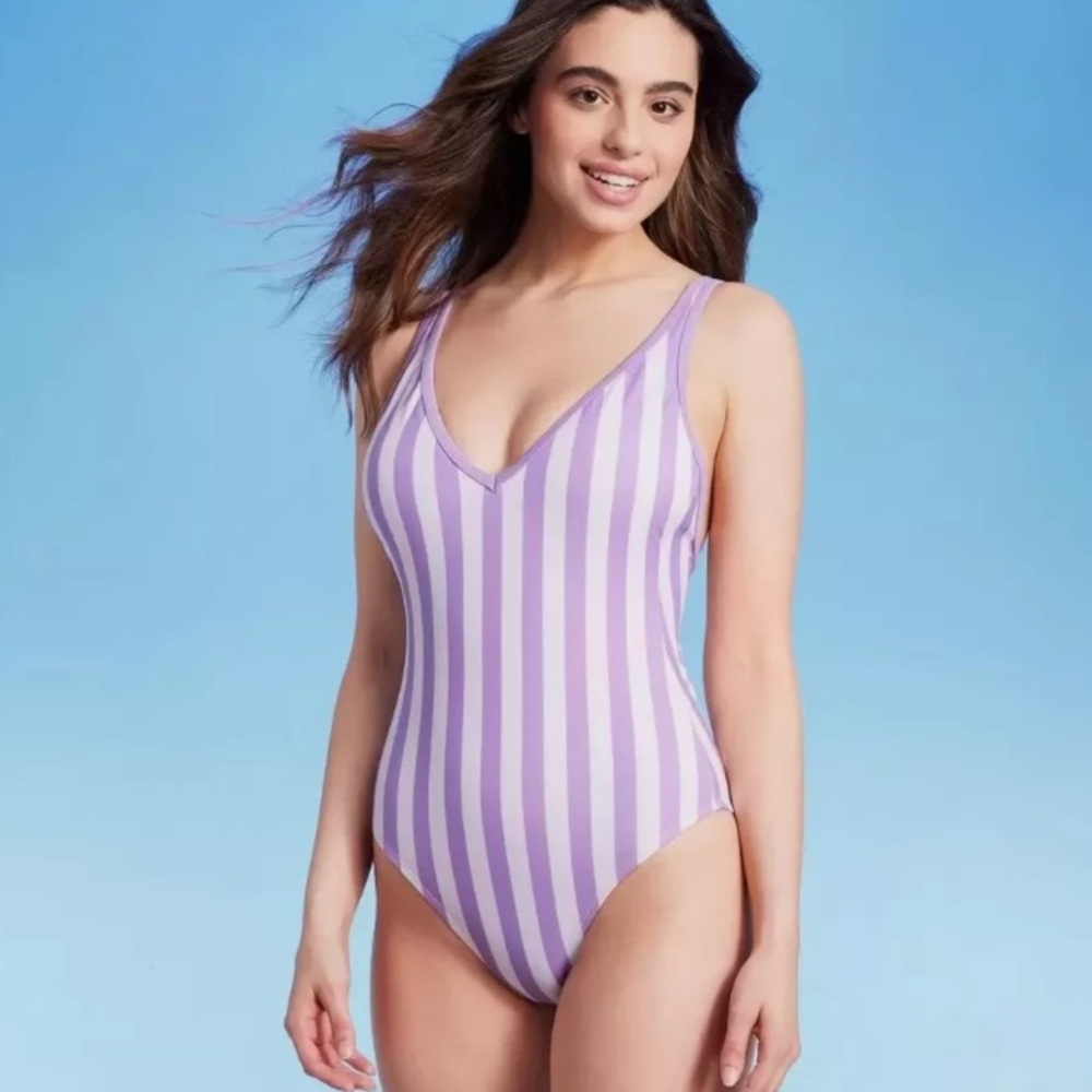 NWT V-Neck Over the Shoulder One Piece Swimsuit Kona Sol Amethyst Stripe